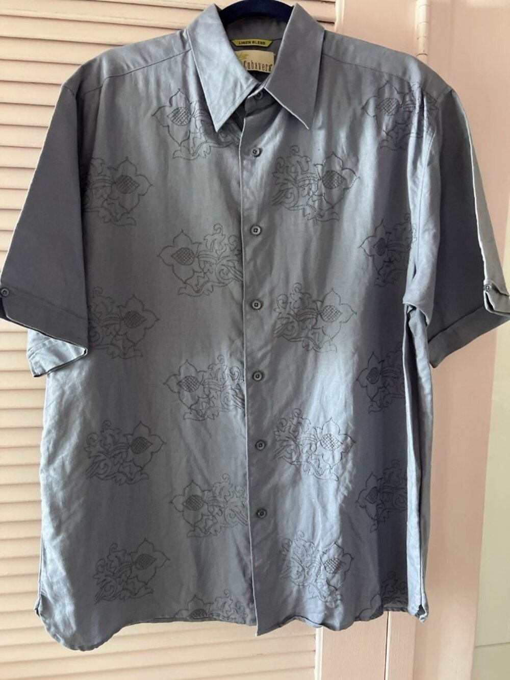 Cubavera Men's Shirt Sz L Linen Blend Floral Paisley Embroidered Blue Relaxed